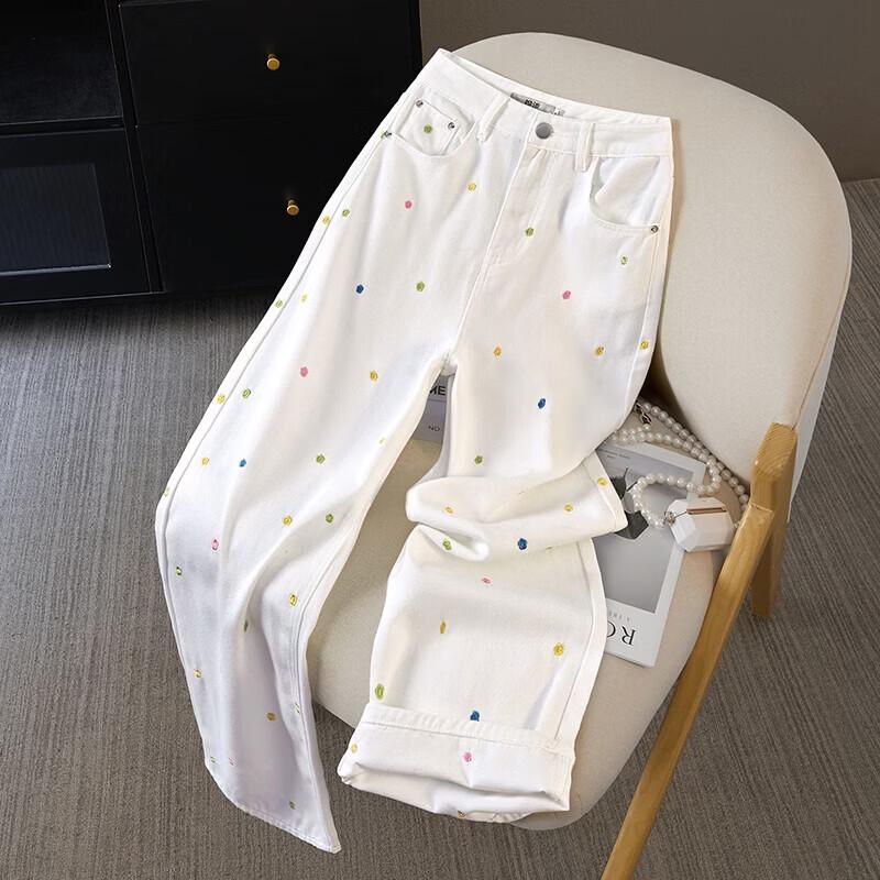 She Pool Women s Floral Embroidered High-Waisted Straight Leg Jeans L