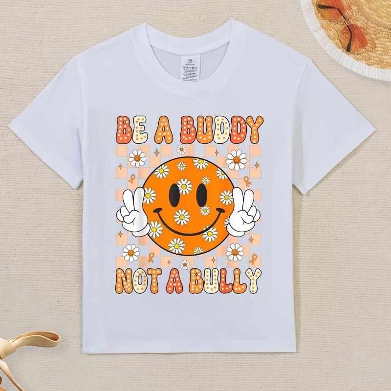 Children Crew Neck Short Sleeve T-Shirt with Creative Smiley Face Print 110 белый