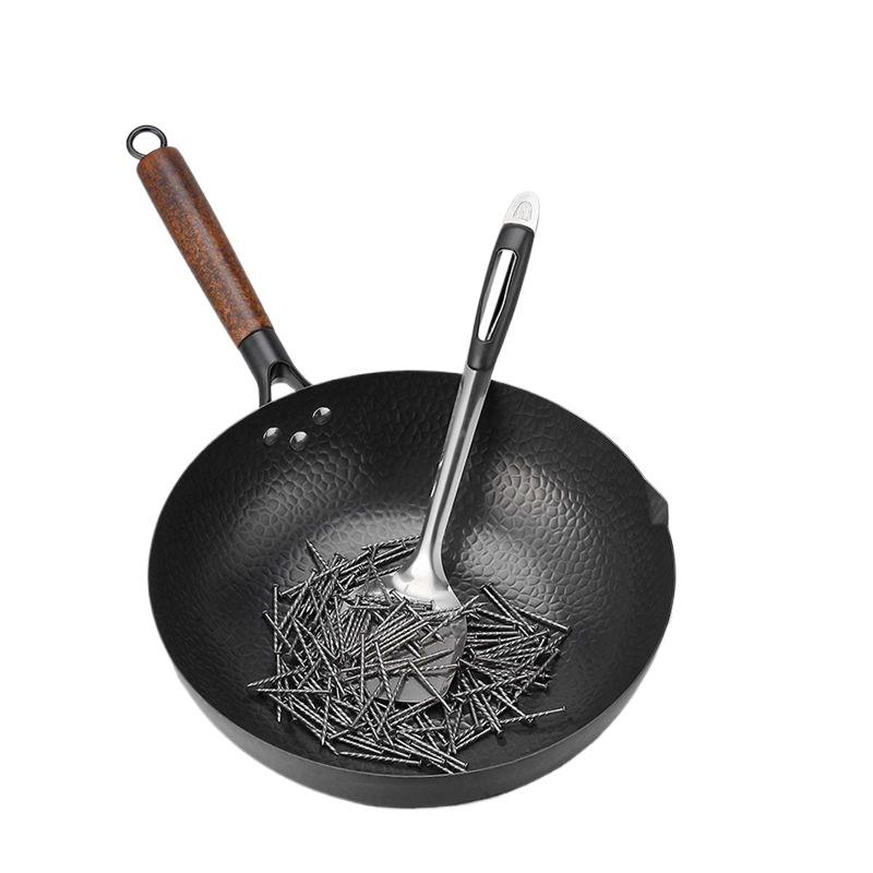 Iron Wok 32cm Traditional Iron Skillet with Wood Lid Non-coated Pot Chinese Kitchen Cookware for Gas and Induction Cooker