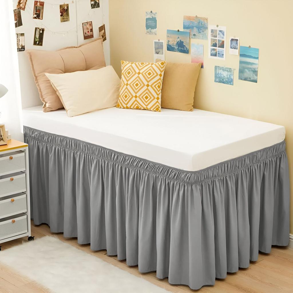 Extra Long College Hostel Dorm Room Bed Skirt Wrap Around Pretty Ruffles Bed Skirt Valance with Three Sides Fabric for Twin Bed