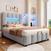 Upholstered Bed, 90 x 200 cm, without Mattress, LED Lighting, with Hydraulic Mechanism, Adjustable Headboard, Velvet, Gray