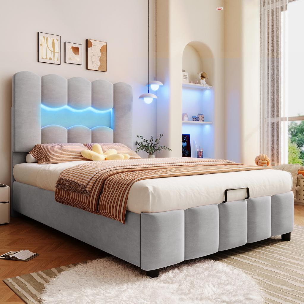 Upholstered Bed, 90 x 200 cm, without Mattress, LED Lighting, with Hydraulic Mechanism, Adjustable Headboard, Velvet, Gray