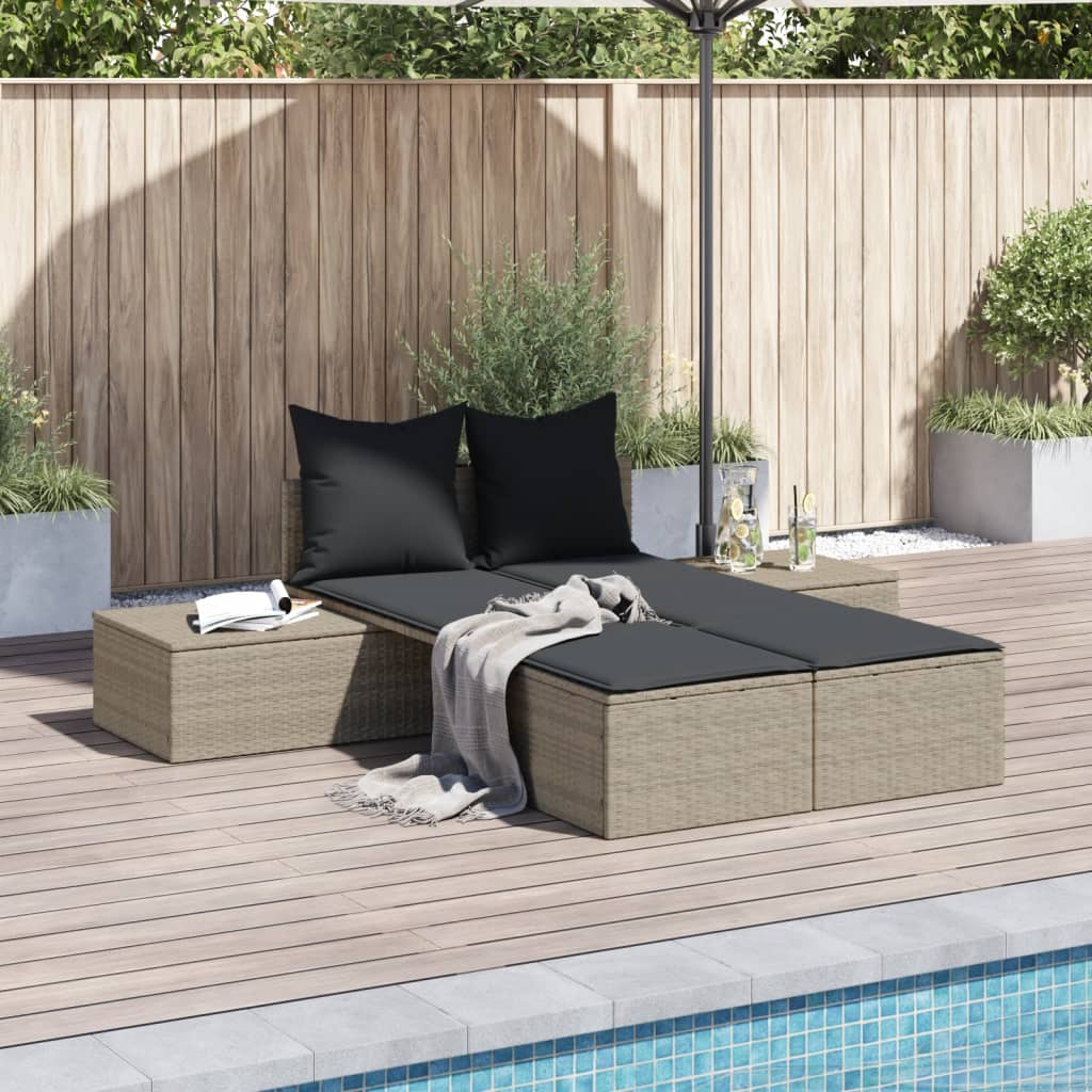 Double Sun Lounger with Cushions Light Grey Poly Rattan