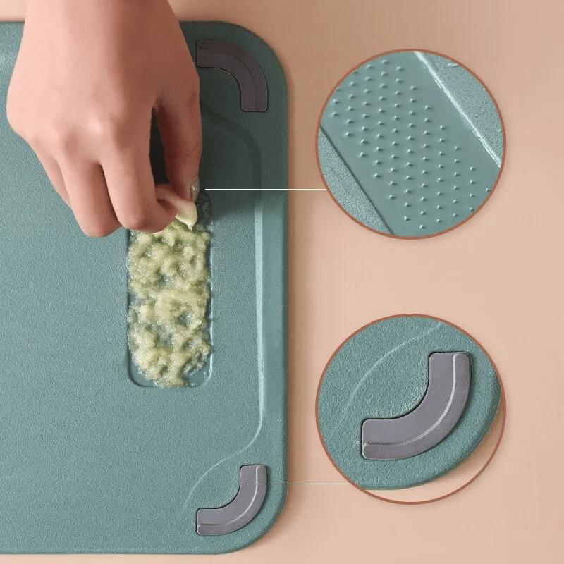 1 stainless steel cutting board with non-slip mat & grinding groove, durable multi-use kitchen tool for veggies and fruits