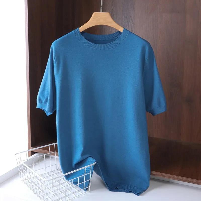 Men's Short-sleeved Sweater Spring and Summer Crew Neck Solid Color Ice Silk T-shirt Short Sleeve Knitted Base Layer