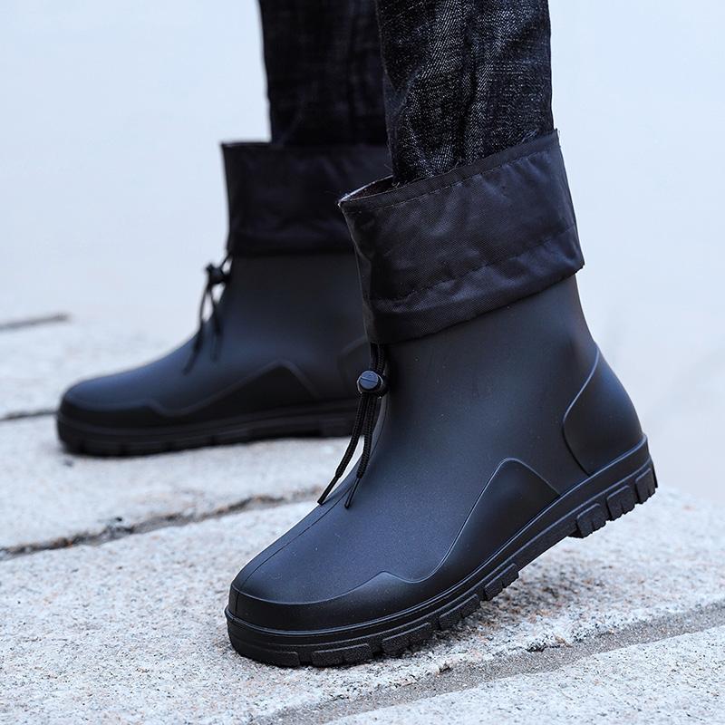 Men's Rain Boots Closed Rainproof Waterproof Medium Short Anti Slip Drawstring Rubber Boots Male Durable Garden Work Shoes