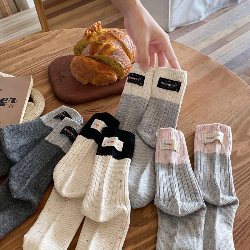 Thick and Thick Thread Socks for Autumn and Winter, Children's Color-matching Dot Gauze Label Pile Socks