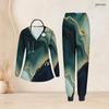 Women Plus Size V Neck Long Sleeve Printed Pocket Turquoise Scrub Set Two Piece Nursing Uniform
