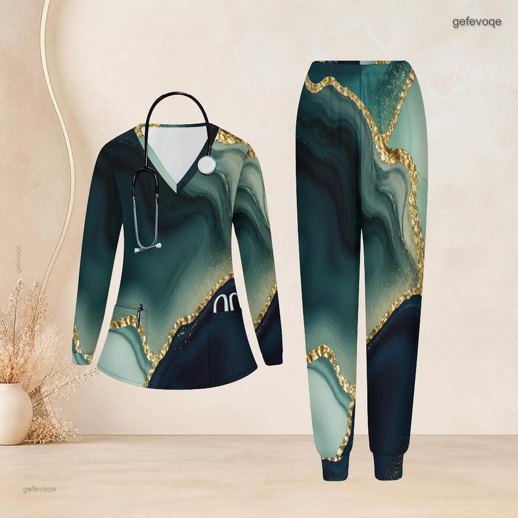 Women Plus Size V Neck Long Sleeve Printed Pocket Turquoise Scrub Set Two Piece Nursing Uniform