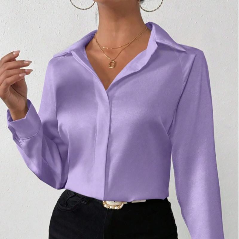 

Весенние однотонные повседневные рубашки с длинным рукавом для офиса, женская одежда, топы с отложным воротником, элегантные свободные блузки для женщин, простая летняя простая женская рубашка 26393 M темно-фиолетовый