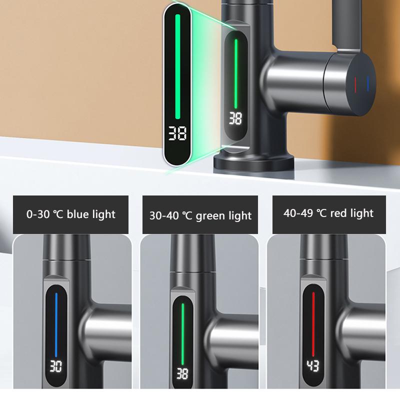 Waterfall Basin Faucet Pull-Out Kitchen & Bathroom Faucet Rainfall Temperature Digital Display No Battery SUS604 Stainless Steel