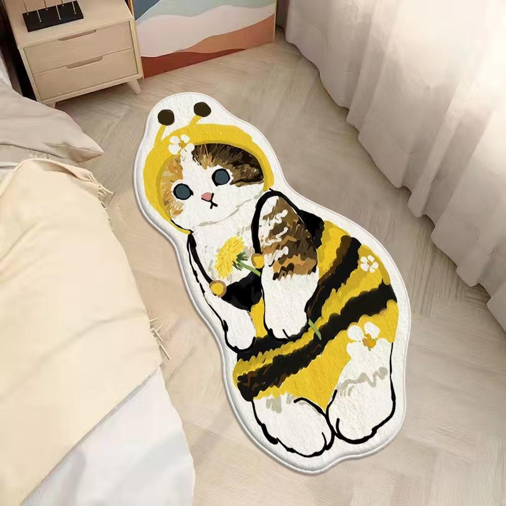 2pcs Cartoon Cute Cat Imitation Cashmere Bedroom Carpet Special-shaped Bedside Carpet Floor Mat