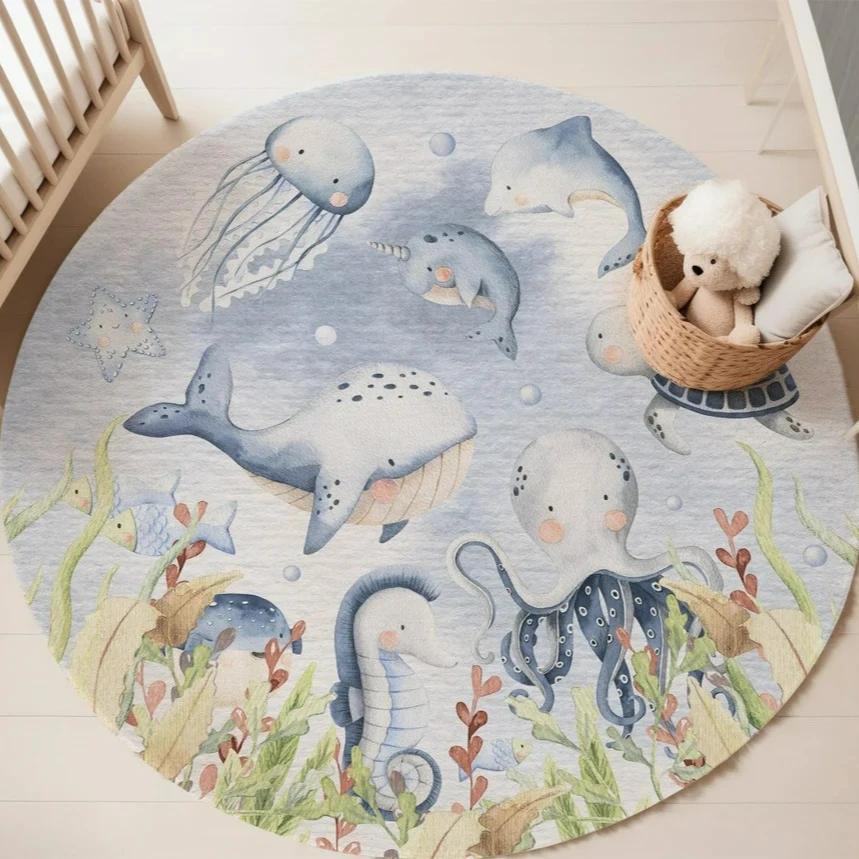 Blauer Meerestier Runder Teppich für Wohnzimmer Babyzimmer Kinder Spielzimmer Matte Schlafzimmer Weicher Teppich Kinderzimmer Dekor Kinder Spielmatte