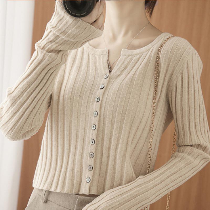 Women's Slimming Round Neck Knit Cardigan: Early Autumn Outerwear, Simple Inner Layer Jacket