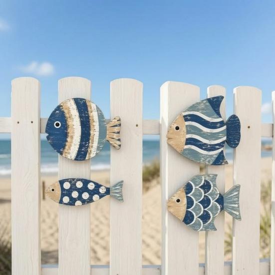 Ocean Themed Bathroom Decorations 4Pcs/Set Wooden Fish Wall Decor, Coastal Style Art, Distressed Handcrafted Art Rustic Blue Ornaments for Beach House