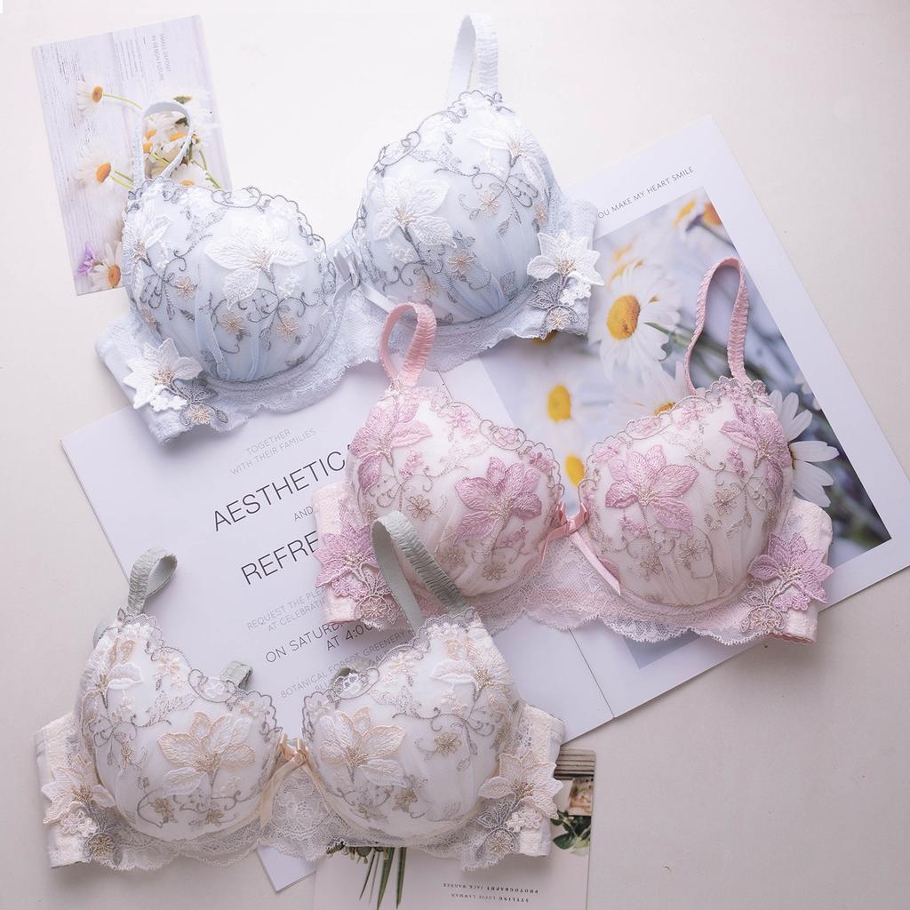 Japanese embroidered thin girl bra set, sweet flower lace underwear bra, large cup size.