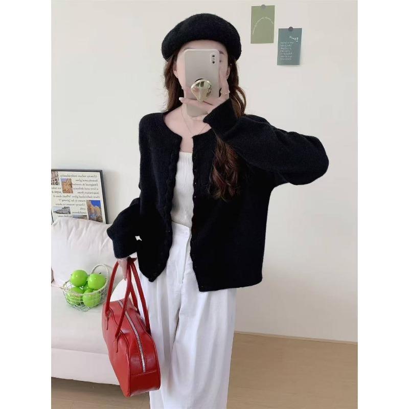 

25 autumn and winter new solid color soft waxy round neck knitted cardigan women s loose and thin versatile long-sleeved sweater jacket One Size чёрный