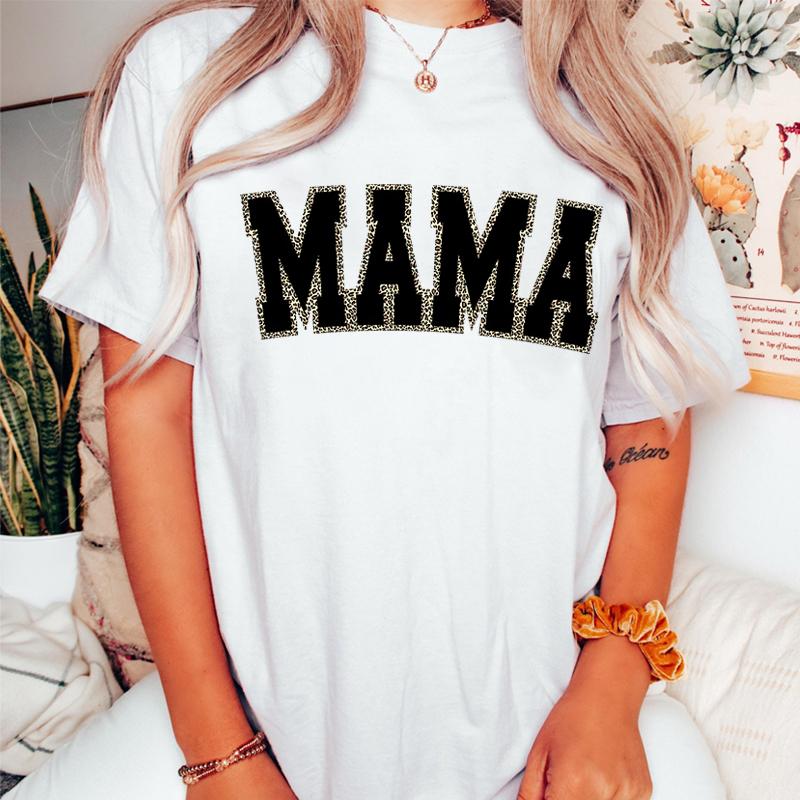 Retro Flower MAMA Graphic T Shirts Women Mothers Day Gift for New Mom Cute Mama Tshirt Leopard Lightning Mama Crew Neck Tshirt