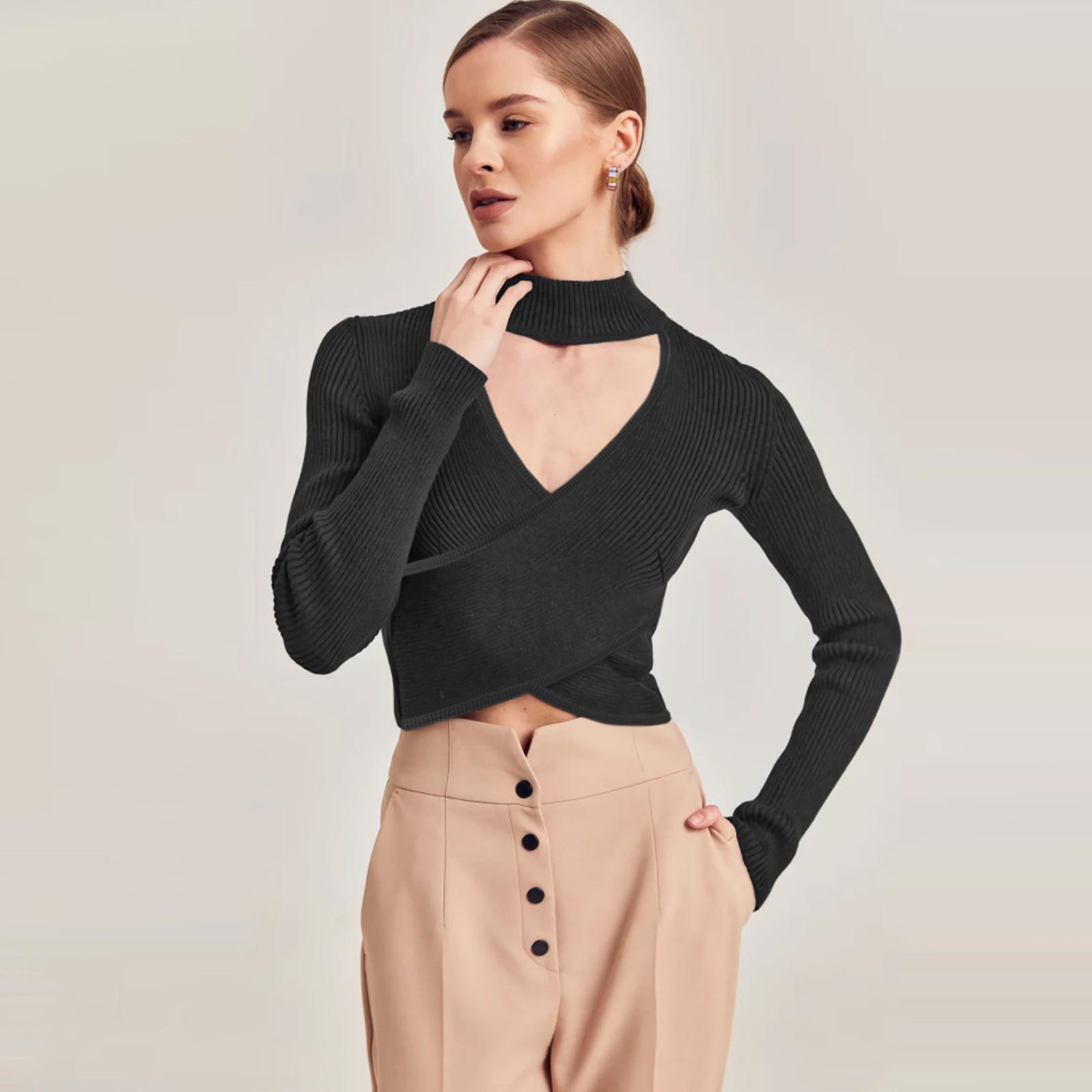 

Женский осенне-зимний вязаный свитер с длинными рукавами, сексуальная рубашка в рубчик с крестообразной подошвой, топ XL чёрный