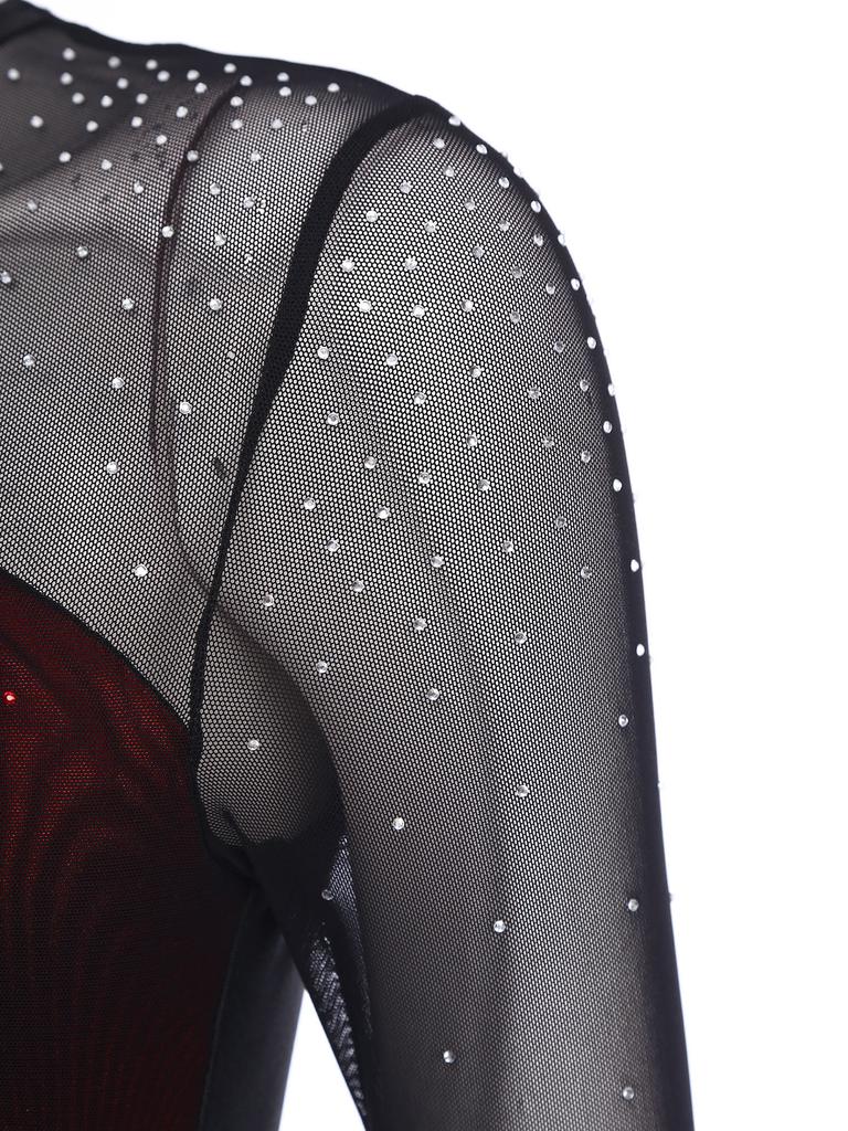 Womens Lyrical Dance Dress Shiny Rhinestones Side Split Design Sheer Mesh Color Block Patchwork Outfit