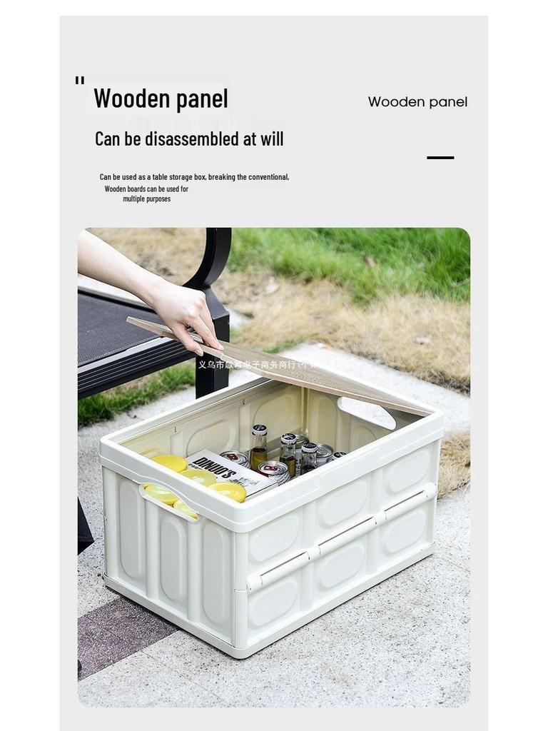 Skládací úložný box do kufru auta s dřevěným víkem - Přenosný organizér na kempování a piknik