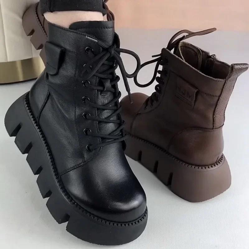 Womens Snow Boots 2026 Winter New Platform Cotton Shoe Retro Black/Brown Round Toe Lace-up Zipper Modern Motorcycle Boot