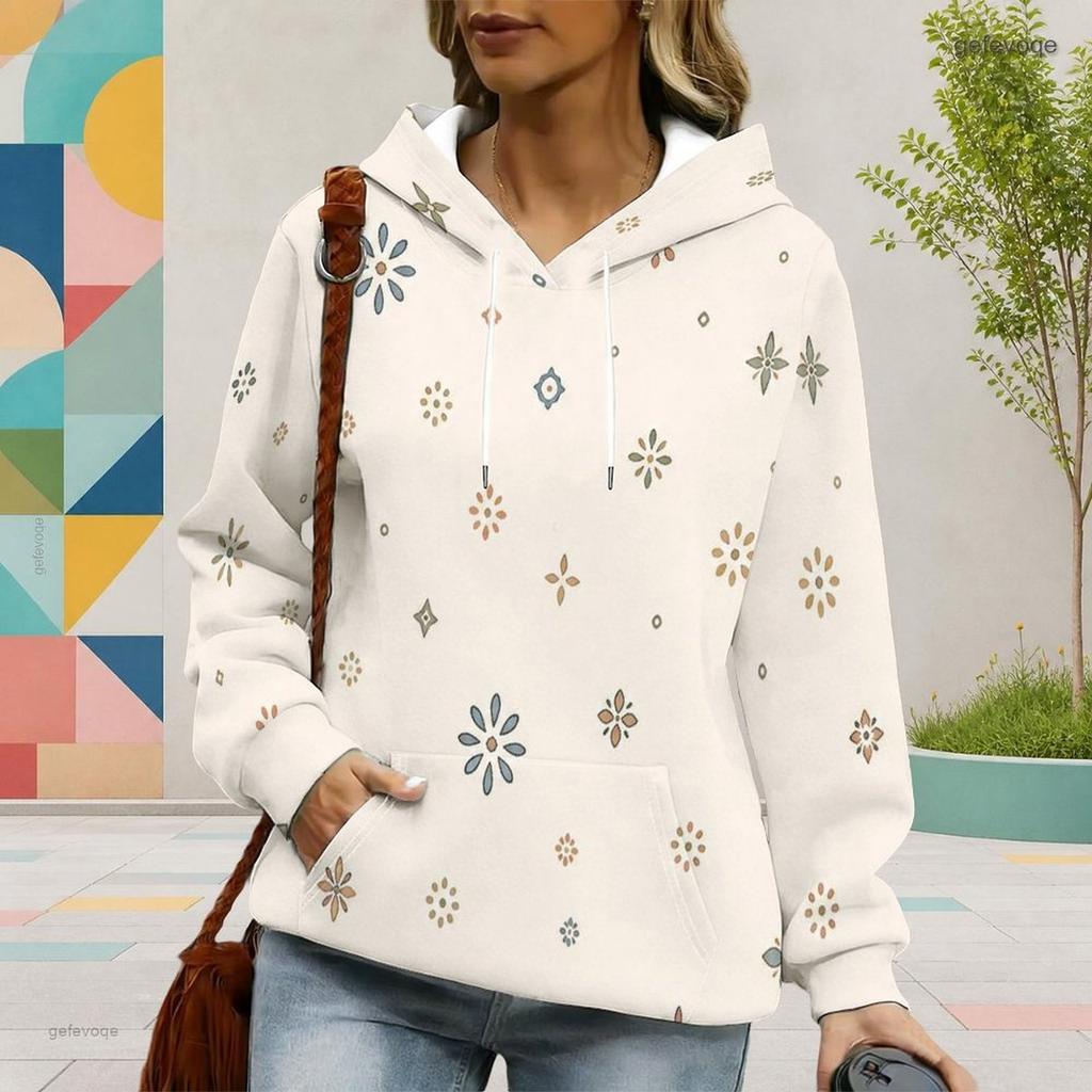 Women Plus Size Long Sleeve Drawstring Hoodie Geometric Printed Kangaroo Pocket Pullover