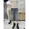 Fashion Men Summer Casual Denim Shorts Knee Length Trendy Letter Embroidered Shiny Rhinestone Decor Jeans Shorts with Pockets