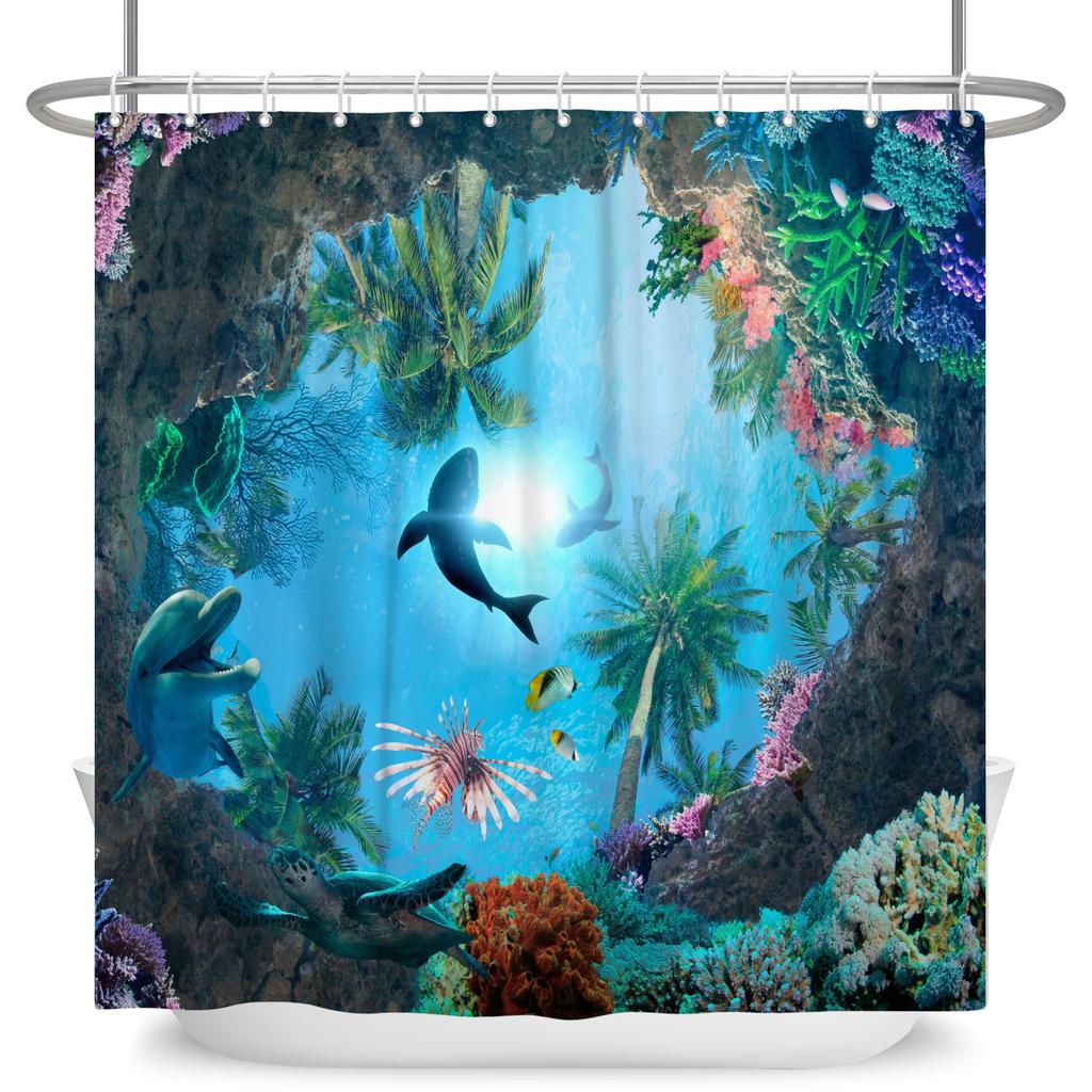 Underwater World Theme Bathroom Shower Curtain Sharks Turtles Jellyfish Decor Waterproof Bathroom Polyester Curtain With Hooks