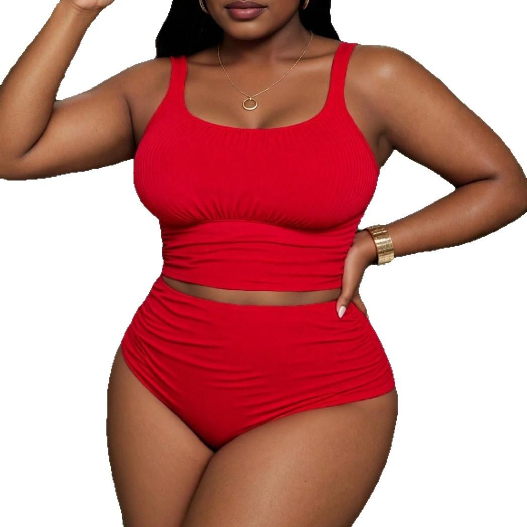 

Plus Size Two Piece Swimsuit For Women, Sexy High Waisted Ruched Tankini Bathing Suit 4XL червоний