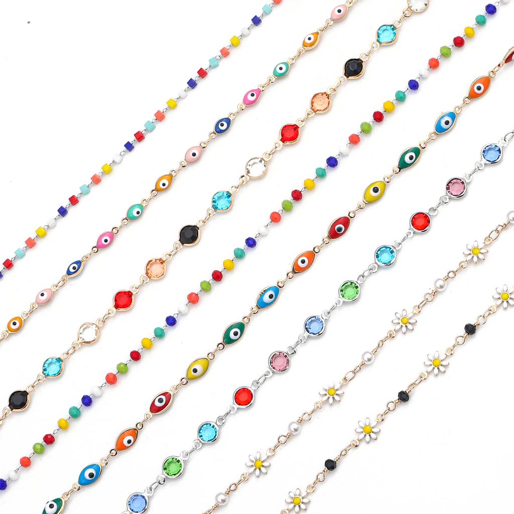 50 cm handgefertigte Kette mit Gänseblümchen-Blume, böser Blick, Strass-Kristall-Perlenkette für Halskette, Armband, DIY-Schmuckherstellung