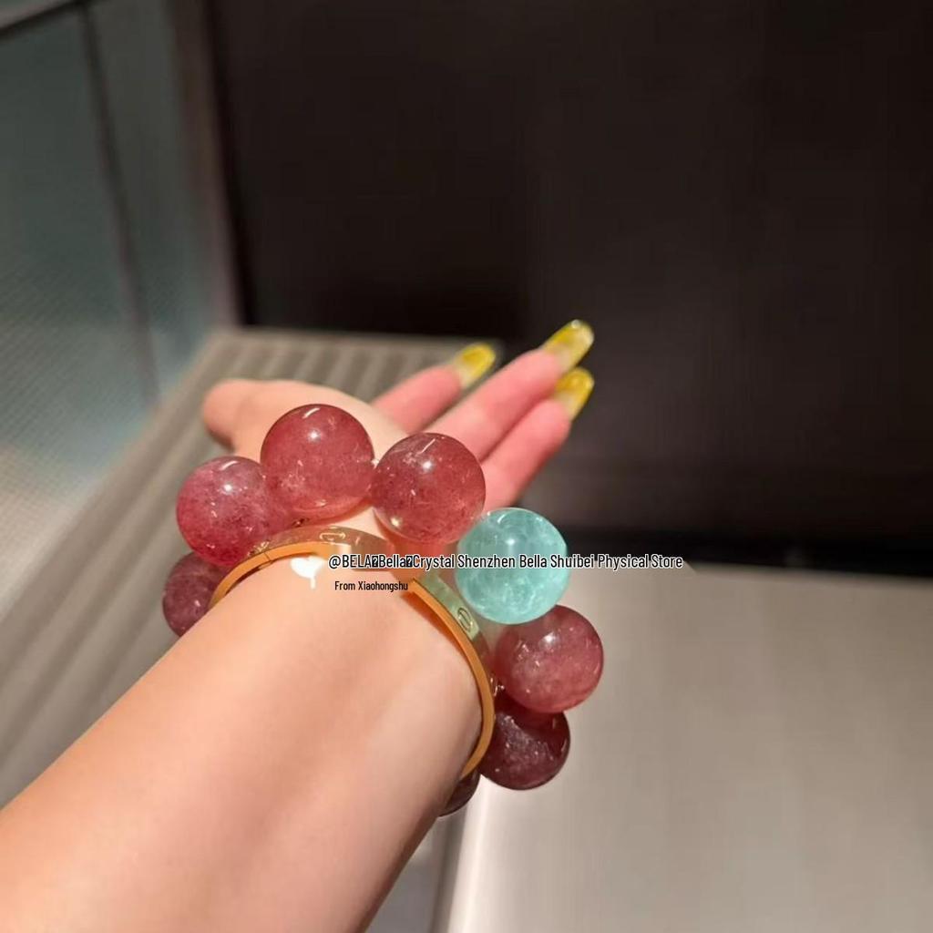 Women's Large Strawberry Quartz Multi-Gem Five Elements Crystal Bracelet - Light Luxury, Unique Beaded Design