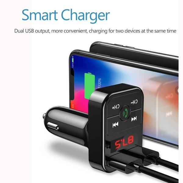 Bil Bluetooth 5.0 FM-sender Trådløs håndfri lydmottaker Auto MP3-spiller 2.1A Dual USB Hurtiglader Biltilbehør
