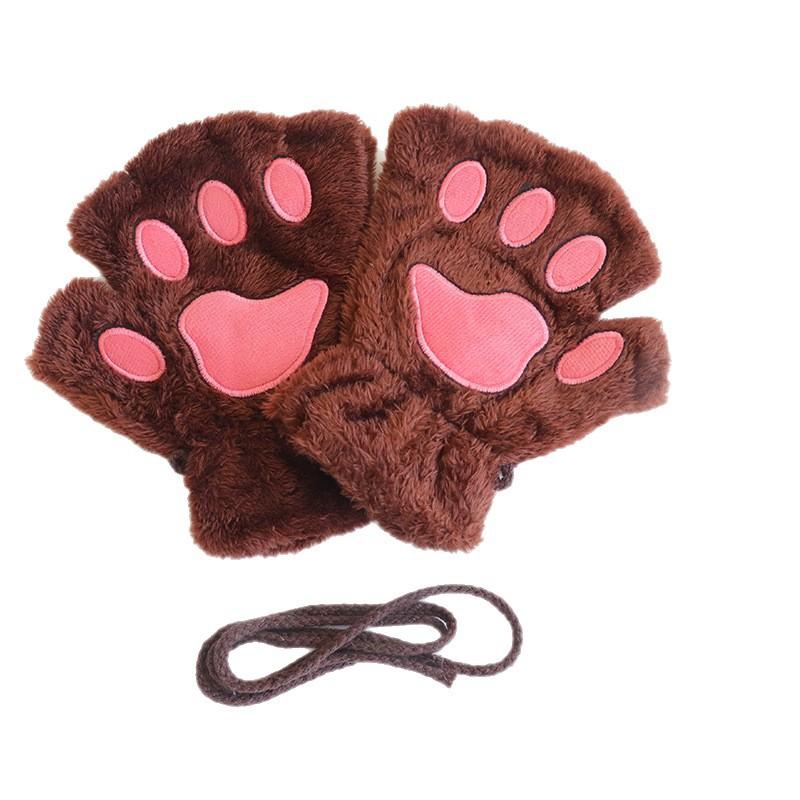 Cute Cat Paw Half-Finger Plush Gloves Winter Warm Fingerless Student Writing Gloves