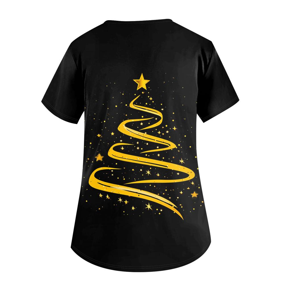 Women's V-neck Christmas Print Short-sleeved Pocket Side Slit Uniform Top