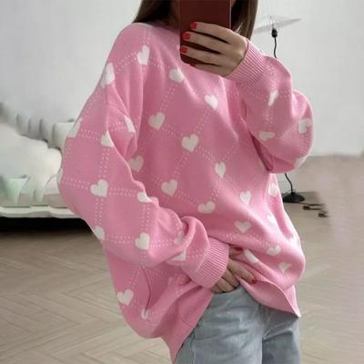 Gestrickter Pullover mit Herzmuster Damen O-Ausschnitt Locker Langärmliger Strickpullover Herbst Streetwear Lässiger Pullover