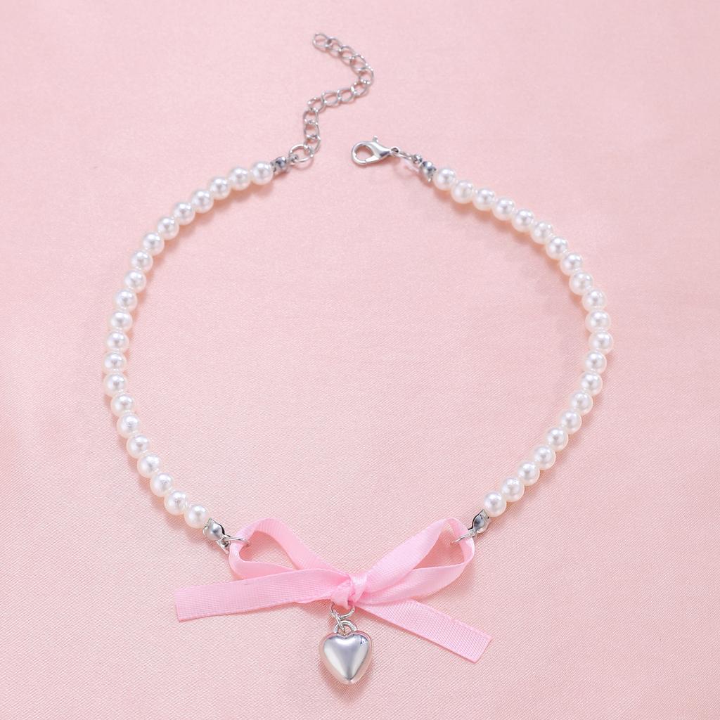 Hot Selling Accessories, Stylish Versatile Pearl Love Pink Bow Collarbone Chain Necklace
