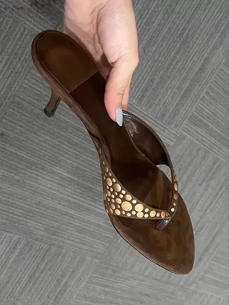 

Fashion Rivets Studded High Heel Shoes Women Summer Flip Flop Sandals Sexy Thin Heels Shoes Designer Sandals Sandalen Sandalias 40 коричневый