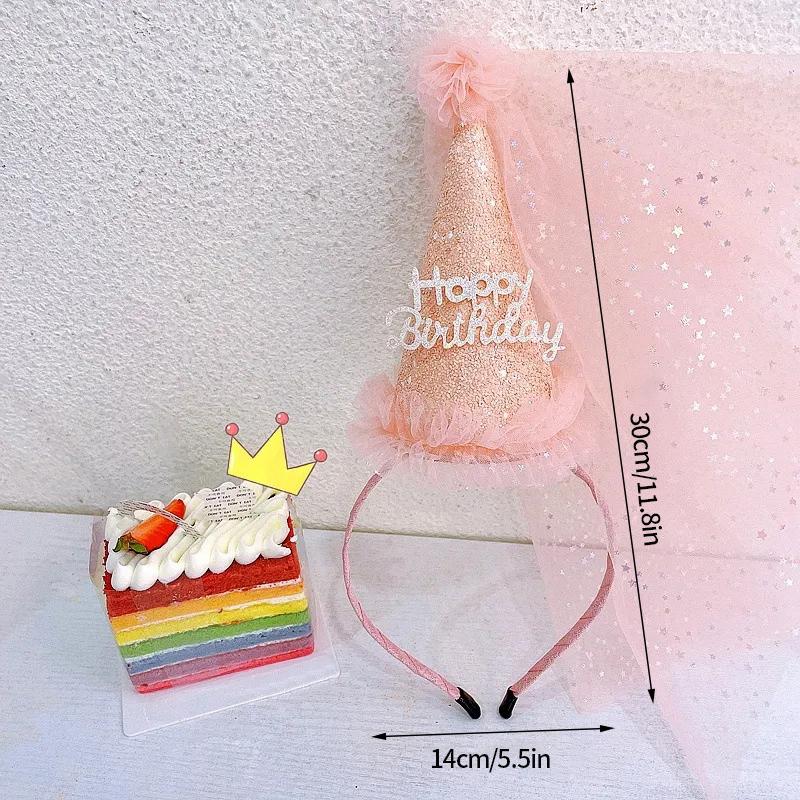 Birthday Party Hat Happy Birthday Hats Birthdays Cap Handmade Girl Princess Gauze Headband Birthday Party Decor Photo Props