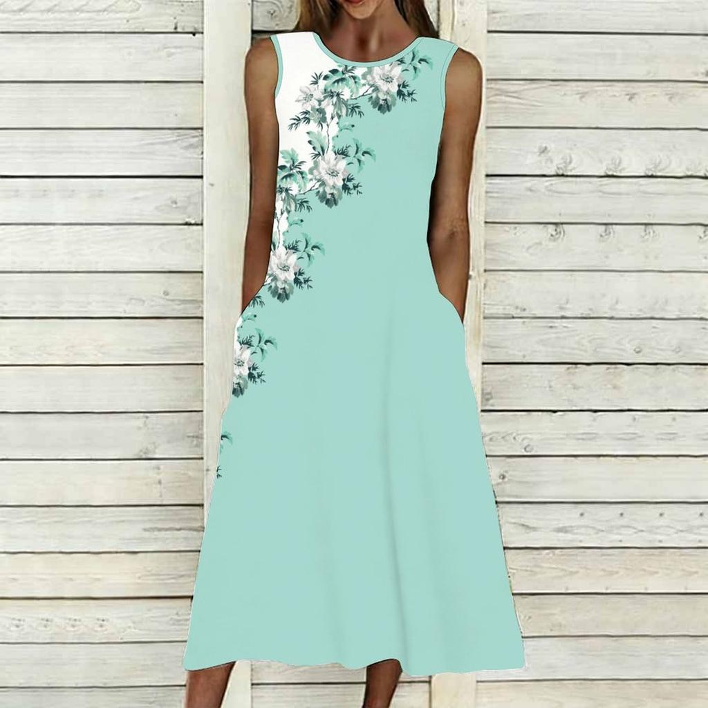 Women Plus Size Sleeveless Round Neck Dress Retro Floral Pattern Loose Flowy Midi Gown