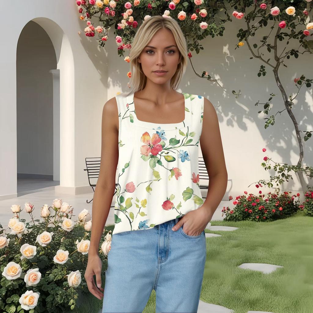Ärmelloses T-Shirt mit plissiertem, quadratischem Kragen für Damen