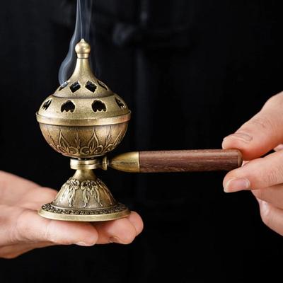 Vintage Alloy Sandalwood Incense Burner Hollow Out Elephant Lucky Lotus Incense Censer with Handle Mini Three Legged Stove