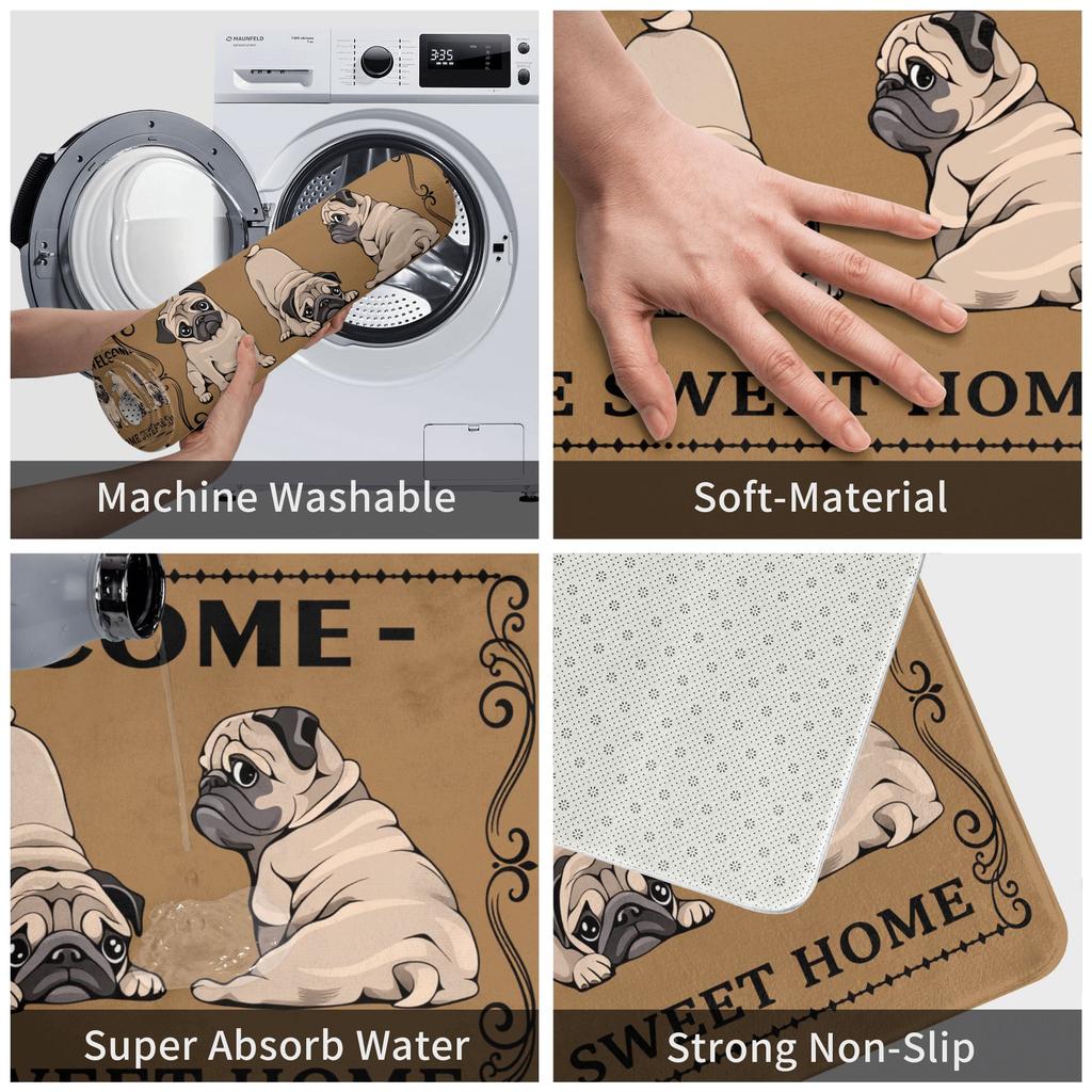 Funny Charming Pug Dog Welcome Floor Door Kitchen Bathroom Mat Anti-Slip Indoor Doormat Garden Entrance Carpet Rug