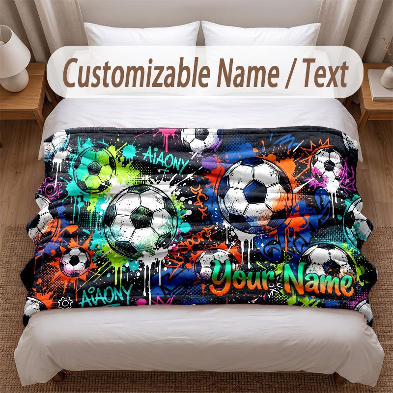 Soccer Theme Soft Blanket Personalized Custom Name Text Print Warm Blanket Home Sofa Bedroom Decor