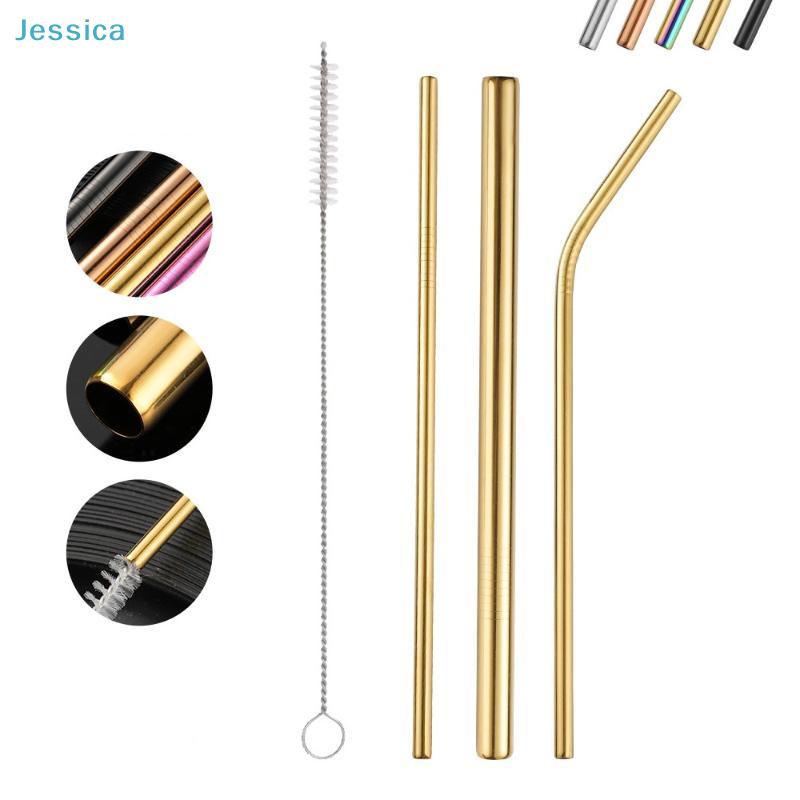 Reusable Stainless Steel Straws Set - Colorful Metal Drinking Straws With Cleaning Brush (Eco-Friendly)