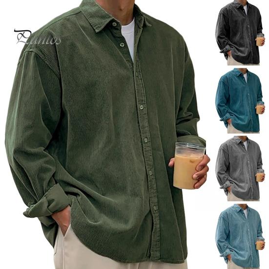 Formal Men Dress Shirt Corduroy Button Down Long Sleeve Lapel Classic Solid Loose Fit Casual Color Jacket for Work Dating Street Wear