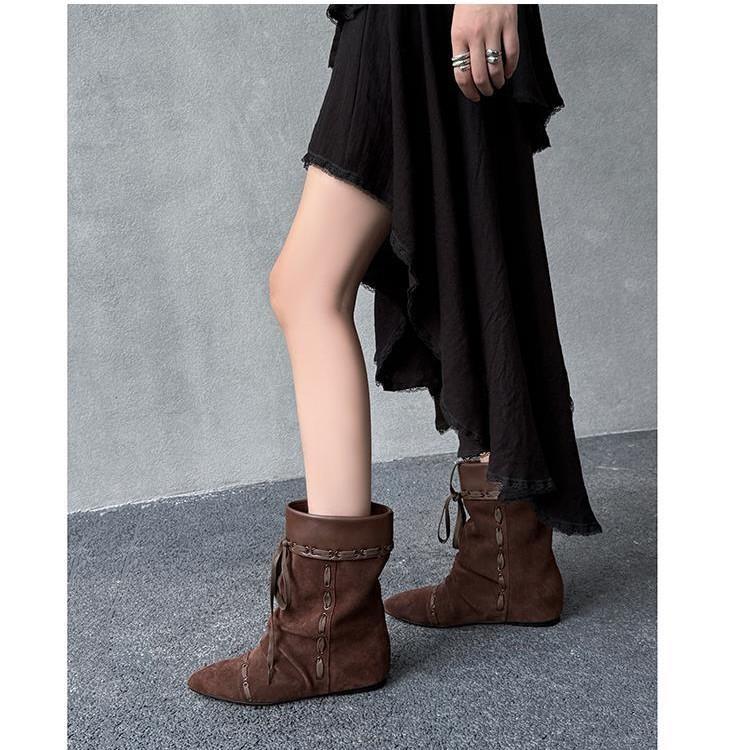 Niche retro pointed stacking sense foldable two-threaded string stacking boots women's Maillard straps western cowboy boots