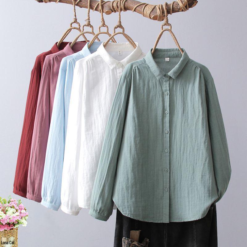 Women's Soft Cotton Double Layer Gauze Long Sleeve Shirt, Versatile with Pointed Collar