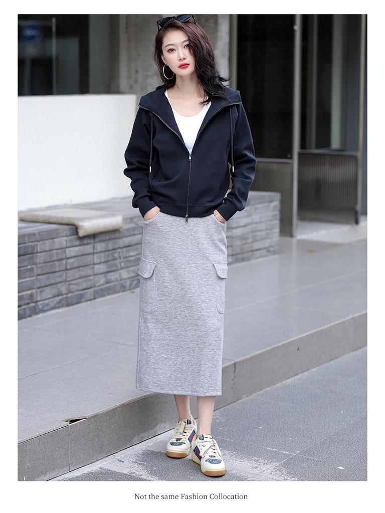 Grauer Damen-Cardigan-Hoodie mit doppeltem Reißverschluss, schwere Qualität - Sportlicher koreanischer Stil, Langarm, Frühjahr/Herbst Kollektion 2025.