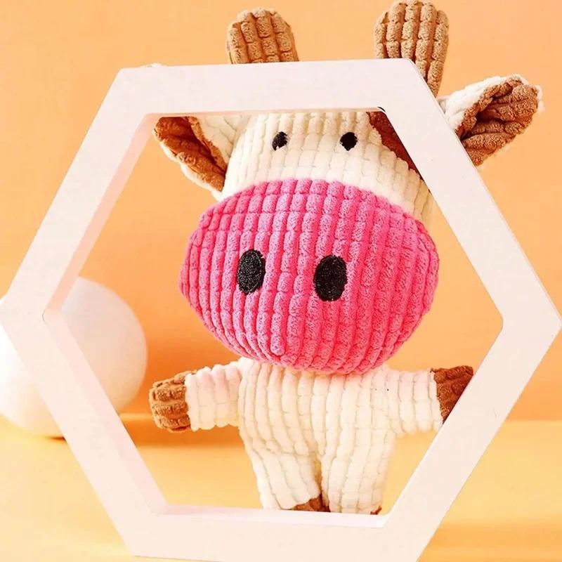 Squeaky Plush Dog Toy Cow Shape Corduroy Chew Bone with Squeaker for Puppy Teething Chewing Molar Training Interactive